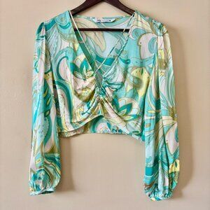 Zara|70s Inspired Sea Green Satin Puffy Long Sleeve V-Neck Crop Top Blouse Sz XL